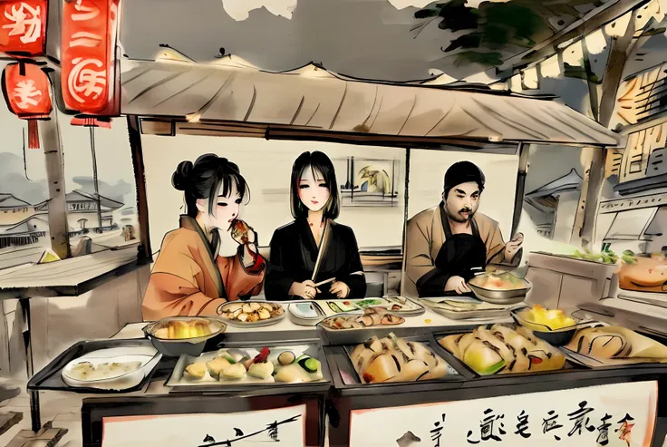 Chinese cuisine，People who eat good food，high street，roadside stall，natta，full of lights，food stall，Chinese painting style