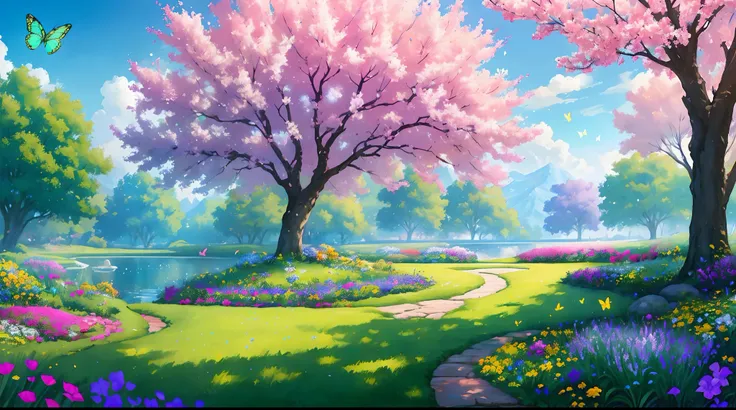 masterpiece, best quality, high quality, extremely detailed cg unity 8k wallpaper, an extremely colorful and purely fantasy environment with vibrant hues and a bright sky, landscape of bright green grass, colorful trees, glittering fruits, and bright blue ...