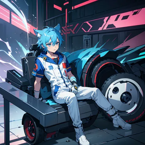 Game CG，8K quality，((younge boy))，Sense of childhood，Anime male protagonist，Wolf ears，Beast tail，Pain and despair，bleed，Locomotive goggles，Pisif，White and blue racing jumpsuit，White fingerless gloves，Racing boots，Full body like，Spread your legs，Defeat，corr...