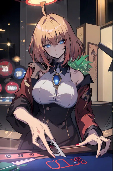 extra very short hair、Golden hair、jaket、Red_Jacket、Blue_Eyes、bangss、School_uniform、straight haired、blunt_Bangs、inside a casino、Poker Table、Poker Cards、looking down to viewer、full body Esbian、Mad eyes、mad、widely opened eyes、radiant eyes、shiny lip、red blush、...