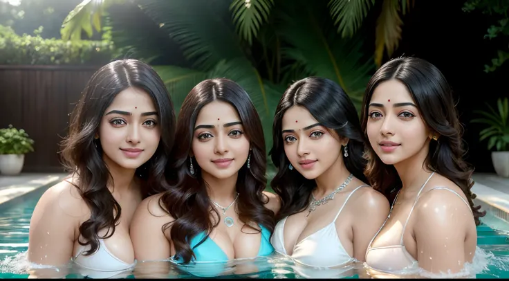 indian actresses (anushka shetty, kajal agarwal, sara ali khan, jahnavi kapoor, shruti hasan, samantha ruth prabhu, Rashmika Mandanna ), 7 women in 1 frame, beautiful indian actresses, smiling facial expression, in swmming pool, wet body and hairs, bold lo...