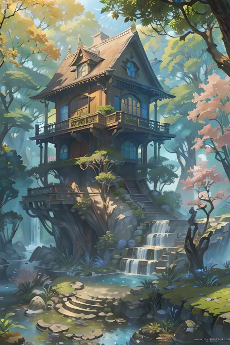 Old marble tree house in Wonderland, Random beautiful colored papers, extremely realistic, Knotted roots, Joe is a magical fairy tale, bright colors, Knotted trees, Fractal leafy multi-colored plants, Natural sunlight, complex details, Real digital fan., M...