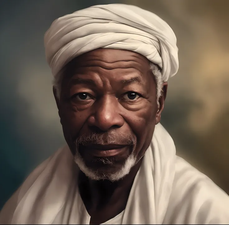 Hyperrealistic cinematic scene of a man, 80 anos, com turbante branco e camisa branca, retrato do homem velho, com colares de contas, portrait of bedouin d&d, Homem africano, Wise old man, um velho, beautiful portrait, Retrato tradicional, Retrato de Morga...