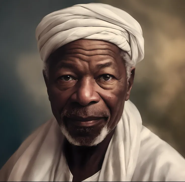 Hyperrealistic cinematic scene of a man, 80 anos, com turbante branco e camisa branca, retrato do homem velho, com colares de contas, portrait of bedouin d&d, Homem africano, Wise old man, um velho, beautiful portrait, Retrato tradicional, Retrato de Morga...