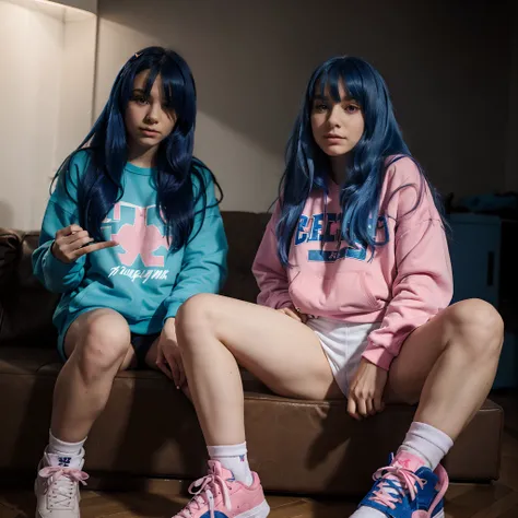 A blue-haired girl with long hair and a pink sweatshirt and Jordan sneakers in friday night funkin style