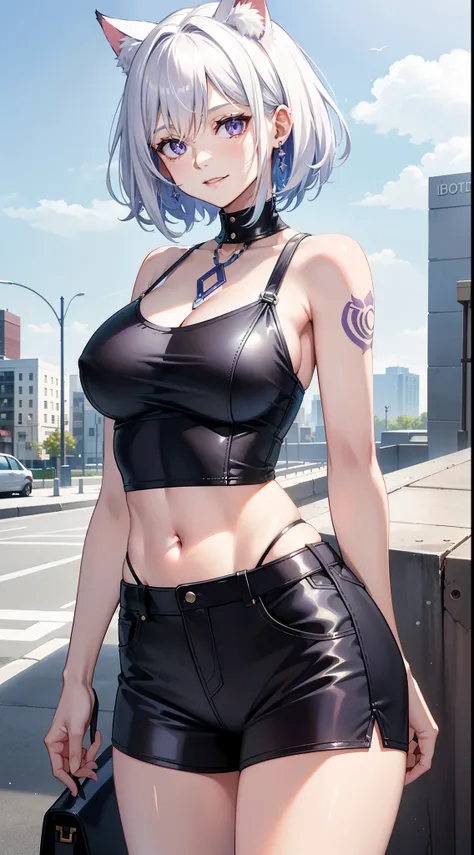 Grown-up girl, short white hair, heterohromia, blue and purple eyes, cat ears, smirk, tight blue top, shorts, tattoo, open belly, open breasts, Masterpiece, hiquality, 4k, HD, Good detail