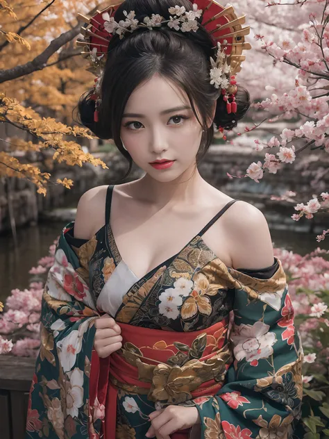 In a futuristic scene, Geisha in Japan with mechanical reinforcement、Elegant in elaborate gardens. She has beautifully detailed eyes and lips that complement her face. Geishas wear traditional kimonos with intricate patterns and designs. Around her are bri...