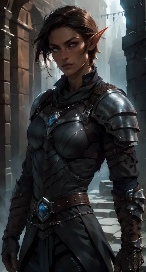 fentezi, Dark Dungeon, City Ruins, darkness, Tanned elf with freckles, amber eyes, Short tousled dark hair, little chest, A scar on the cheekbone, chain mail armor, black leather pants, high boots, Silver Bracers, Two-handed hammer in hand, dark fantasy mi...