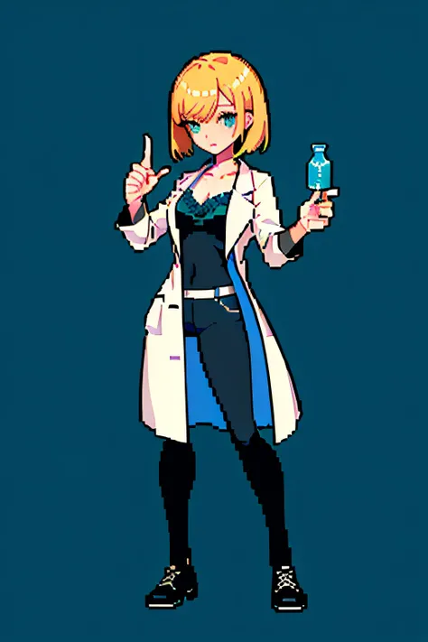 (masterpiece, top quality, best quality, less detail, 8-bit color), pixel,pixel art,1girl,full body, long lab coat, bra on top, short pant, ilde pose, attack pose, standing pose, hand holding bottle in lab, simple eyes color, limit eyes color, no extra fin...