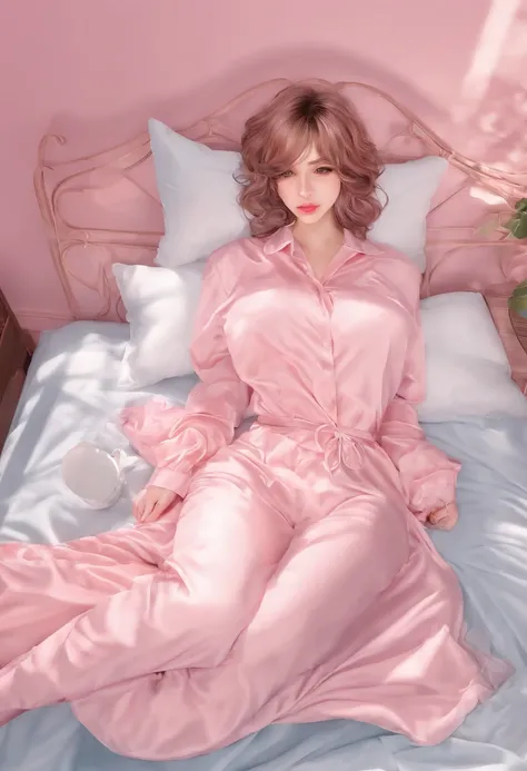 Photo taken from above, NSFW, in bed, solo, doggystyle position, wavy hair, highly detailed, pleasurable expression, 8k, 4k resolution, dynamic lighting, high definition resolution, sexy pink langerie