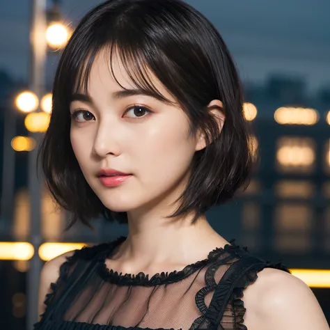 40
(Airy wavy short bob cut:1.23), (a 25yo woman), (A hyper-realistic), (masutepiece), (8KUHD), Being in the harbor at night