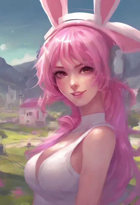 A girl looking at me pink hair, big bunny hat, ass, giant boobs, fully exposed, big smile, simple scenery