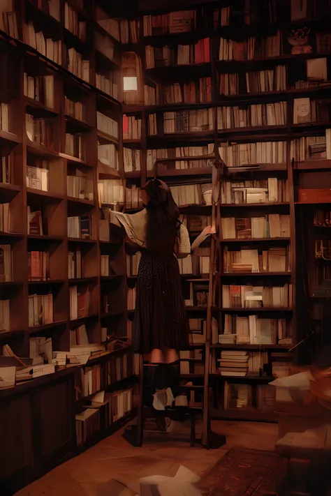 arafed woman standing on a ladder in a library with books, books all over the place, endless books, standing inside a magic libr...