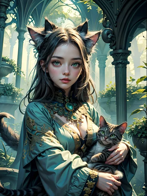 (masterpiece, top quality, best quality, official art, beautiful and aesthetic:1.2), (1girl), extreme detailed,(fractal art:1.3), ((1cat)), grey cat, pale green eyes