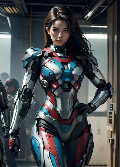 Textured skin, Super Detail, high details, High quality, Best Quality, hight resolution, 1080p, hard disk, Beautiful,(Iron Patriot),beautiful cyborg woman,Mecha Cyborg Girl,Battle Mode,Girl with a Mecha Body,She wears a futuristic Iron Patriot mech,Fulll b...