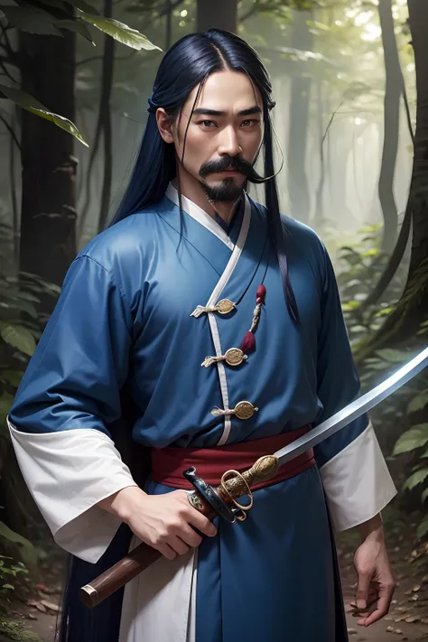 The background in the forest, a 30-year-old man, named Wang, narrow eyes, mustache, long blue hair, thin lips, wearing blue chinese antique clothes, Laughter cant soak your mouth, Sword handle