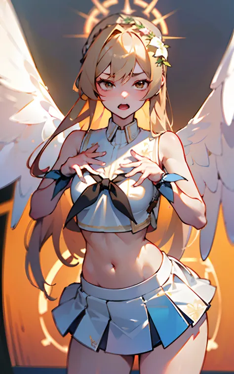 (Original Character、Unity 16K wallpaper, Masterpiece, Best quality, Ultra-detailed, Extremely detailed CG, Caustics, Cinematic lighting, Detailed, Beautiful detailed eyes, NSFW:1.8, Solo、Oily skin、Long blonde hair、Brown eyes、angelic halo、the angels wings、F...