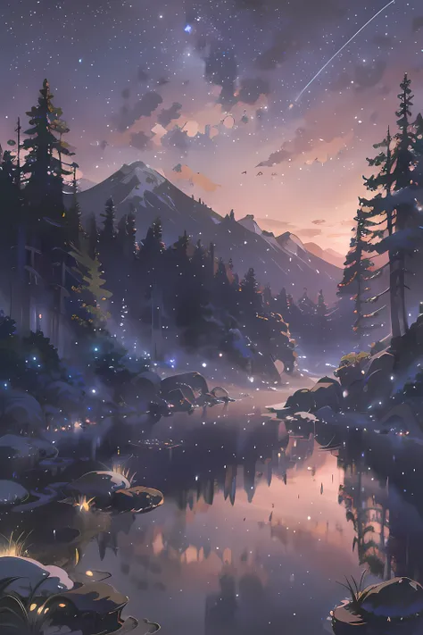 (((Makoto Shinkai style)),pixiv,anime drawing,high quality,pink purple sky,beautiful scene),(universe,train passing,magical realism,((makoto shinkai style)) ::0.8), [Artistic Atmosphere, Atmosphere:0.8, Starry Sky, Hills, Snow Mountain, Sparkling Water, Gr...