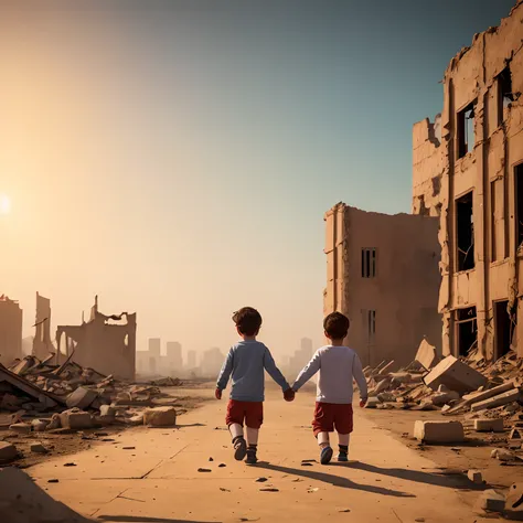 A puzzle consisting of 2 small children holding hands in a ruined and dusty city