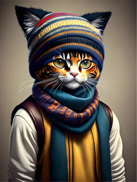 picture of a cat in a hat and scarf, art station trend, dressed in punk clothes, hyper realistic detailed rendering, british gang member, urban style, intimidating pose, planet of cats, fashion clothes, urban samurai, meow, west slavic traits, 8 1 5