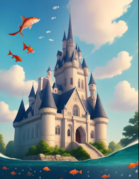 Castle floating in the air and fish swimming in the sky