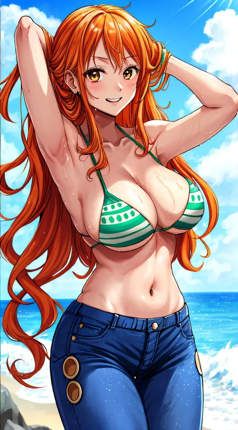 masutepiece,Best Quality,ultra-detailliert,ultra-detailliert,超A high resolution,8K,32,Beautiful,Best aesthetic,Anime girl wiping her hair with a towel、NamiOP, One piece, 1girl in, Looking at Viewer, Solo,Green Bikini, Long jeans, Orange long hair, (String ...