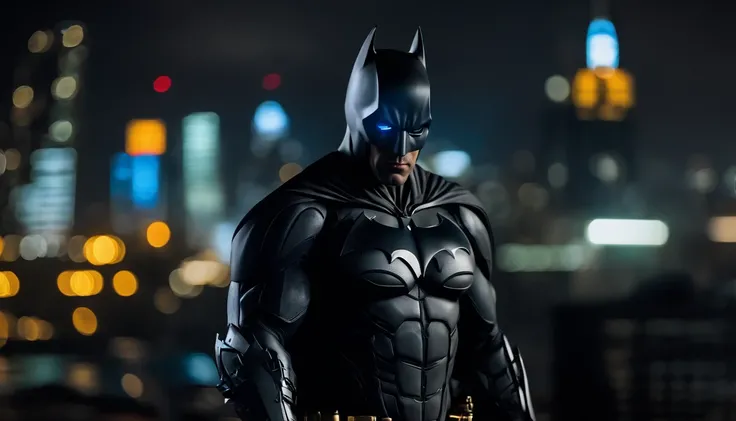 Batman in brushed steel uniform, cybernetic, His uniform is reflective, Robocore, Neon, Blurry city lights in the background, Its dark night, movie scene, DARK SETTING, palette colors, conveying the exotic