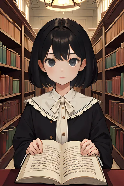 masterpiece,best quality,1girl, solo, black short hair,library,expressionless,face,bookshelf,magnificent,passage