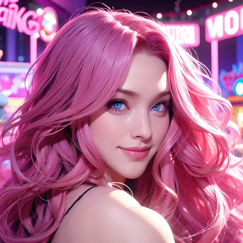 a woman, long curly hair, pink hair, blue eyes, gambling trick, trick, trick, evil facial expression, smile, bright eyes, background scenery people, people,Casino, party