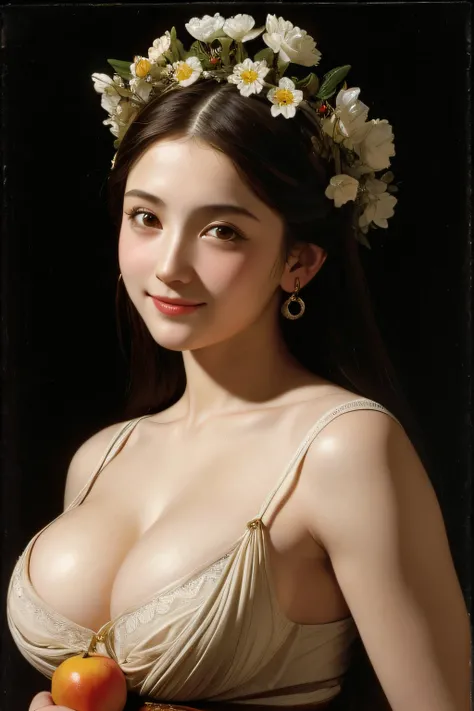 Ancient Greek maiden, Ancient Greek clothes, woman, pure smile, Caravaggio painting, flowers, fruits, big breasts Tong ,Caravaggio chiaroscuro, dark background