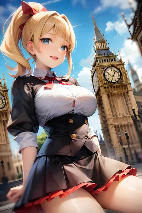 United Kingdom, ((British clothing:1.5)), ((skirt by the:1.5)), Break HA, very detailed face and eyes, ((Kyoto Animation Style)), super precision, masterpiece, very extremely beautiful, Princess Face, shorth hair, Straight hair, a blond, ((Short ponytail...