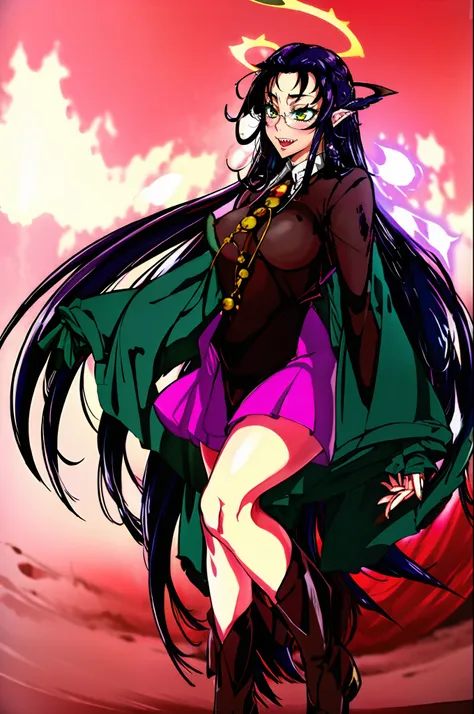 Rip Van Winkle, Hellsing Ultimate,full body, walking, divine aura, sun halo, solar halo, long skirt, porcelain skin, ethereal, graceful movement, flowing black hair, radiant beauty, enchanting gaze, serene expression, soft sunlight, angelic presence, celes...