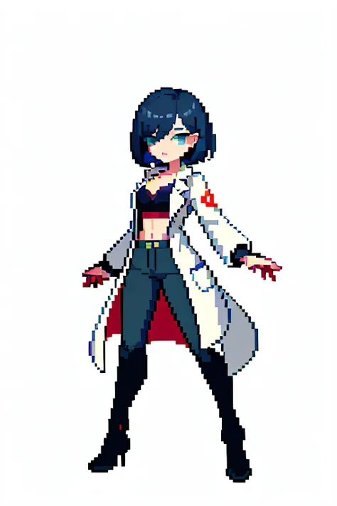 (masterpiece, top quality, best quality, less detail, 8-bit color,aseprite software), pixel,pixel art,1girl,full body, long lab coat, bra on top, short pant,attack pose, simple eyes color, limit eyes color,