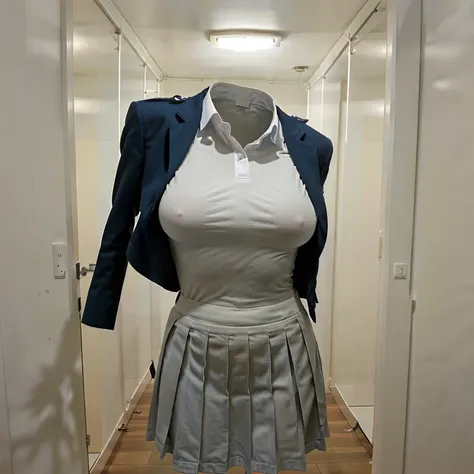 school uniform, ((invisible, no humans:1.5, headless:1.5, handless, legless)), (detailed), (photo realistic:1.8), (photon mapping), (8k), (big breast), on hanger,  in closet