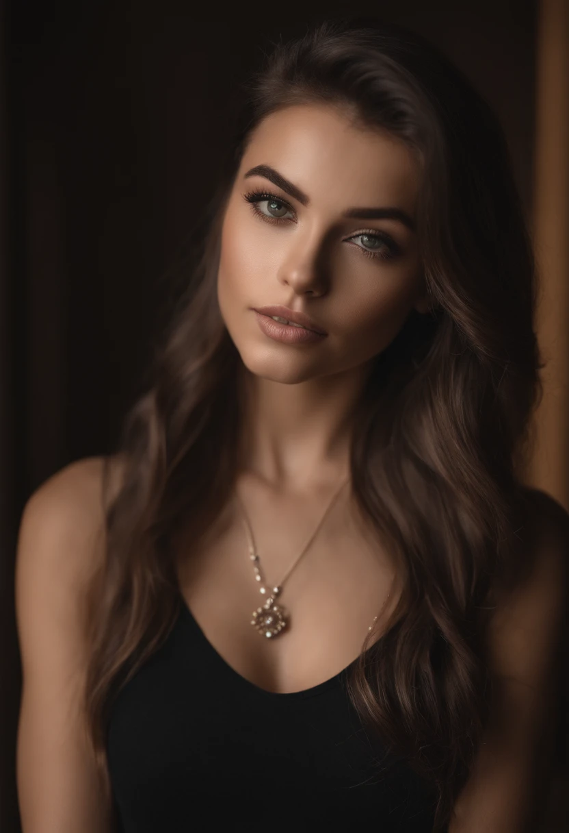 Arafed woman with a white tank top and necklace, Portrait Sophie Mudd, cheveux bruns et grands yeux, selfie of a young woman, Yeux de chambre, Violet Myers, sans maquillage, maquillage naturel, looking straight at camera, Visage avec Artgram, Maquillage su...