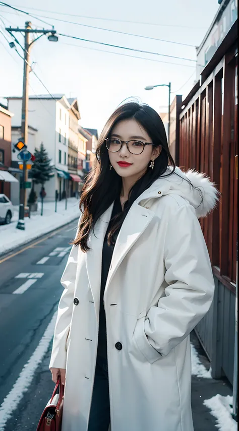 sam yang,, 1girll, Animal, animal on shoulder, Bird, black-frame glasses, Black eyes, Black hair, Blue sky, Cityscape, Clear sky, Coat, day, Earrings, Glasses hanging, Take off glasses, Fur coat, Jacket, jewelry, Long hair, Looks to the side, Outdoors, Pow...