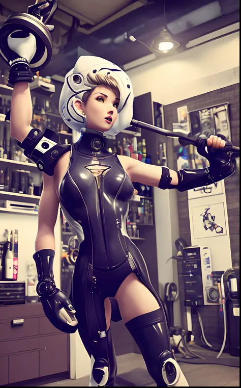 Pumped up girl with a male figure. Shes got big, pumped hands. Short hair with mens haircut. Her mechanic costume bares her arms and comes in the form of a bodysuit