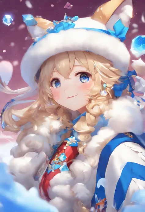 (breathtaking scenery、Arctic Circle、drift ice:1.1),１with animal１a person、short blond hair、With snowflake shaped hair ornament、Talking to a white bear on the ice floes、Beautiful woman、Red Japanese umbrella、((White Japanese Clothing、Cute Penguins:1.3))、White...