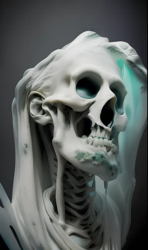 . ultra detailed marble and jade sculpture of a female necromancer, skeleton face, volumetric fog, Hyperrealism, breathtaking, ultra realistic, ultra detailed, cyber background, cinematic lighting, highly detailed, breathtaking, photography, stunning envir...