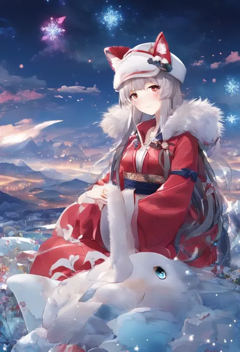 (breathtaking scenery、Arctic Circle、drift ice:1.1),１with animal１a person、short blond hair、With snowflake shaped hair ornament、Talking to a white bear on the ice floes、Beautiful woman、Red Japanese umbrella、((White Japanese Clothing、Cute Penguins:1.3))、White...