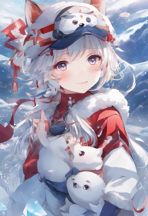 (breathtaking scenery、Arctic Circle、drift ice:1.1),１with animal１a person、short blond hair、With snowflake shaped hair ornament、Talking to a white bear on the ice floes、Beautiful woman、Red Japanese umbrella、((White Japanese Clothing、Cute Penguins:1.3))、White...