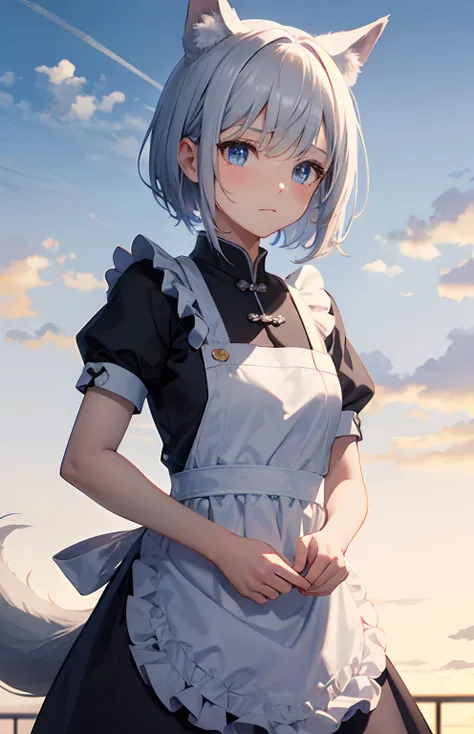 ​masterpiece,Top image quality,hight resolution,imagem 4k,Raw photo,Photorealsitic,{Solo},teens girl,silber hair,Bery short hair,stare at each other,Blue eyes,小柄,Silver fox ears,Fox tail,,Shy face,,boyish,China Maid,Apron Dresses,frilld,