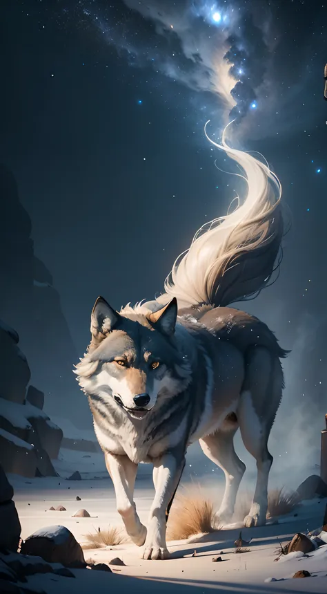 a strong and strong wolf，中景 the scene is，（full body appearance），view the night sky，standing on your feet，roared and rushed into ...