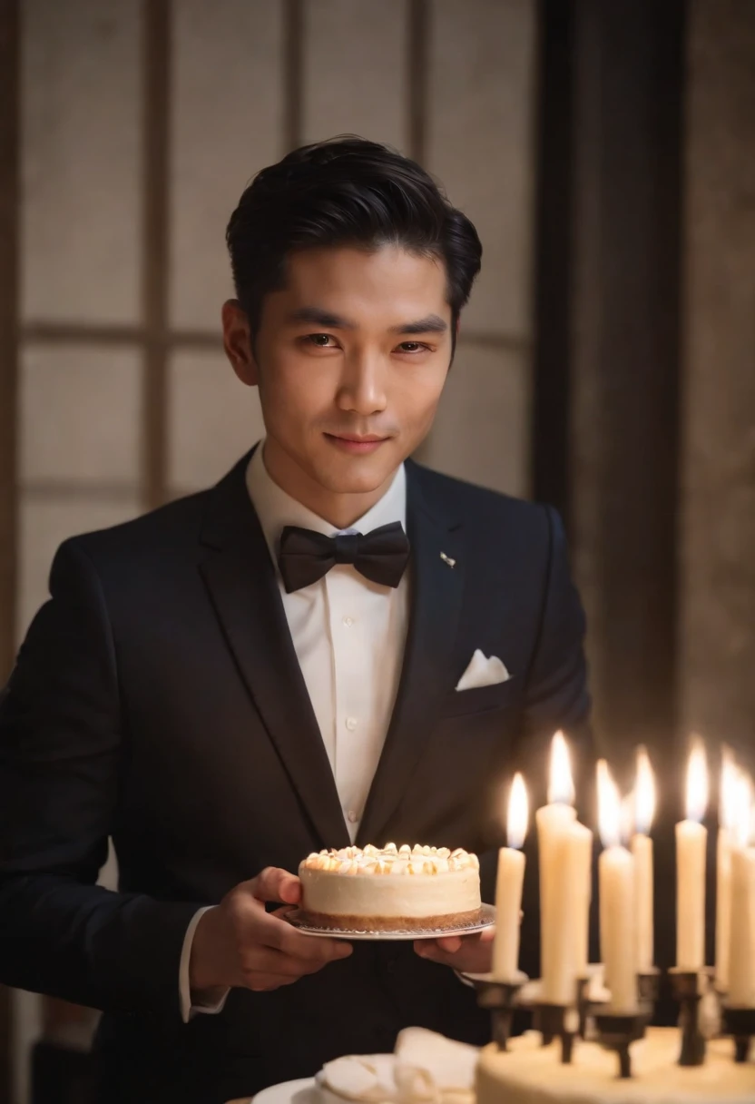 Japan man in Armani suit、Facing the front、Holding a whole cake in both hands、A candle is lit on the cake、kindly smile