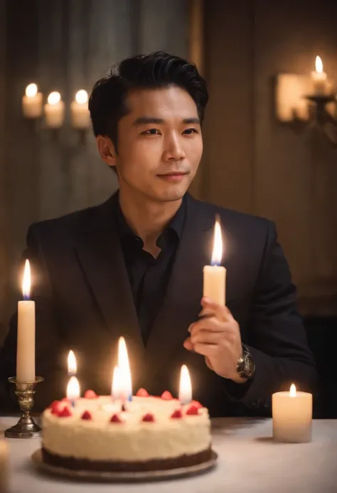 Japan man in Armani suit、Facing the front、Holding a whole cake in both hands、A candle is lit on the cake、kindly smile