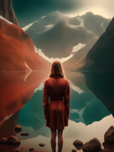 a woman in brown clothes stands with her back to us, waist-deep in the center of the lake surrounded by mountains, gloomy, red on the water. cinematic, photorealistic, back lighting, movie poster