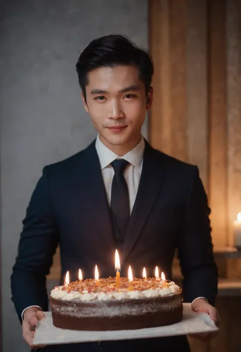 Japan man in Armani suit、(Facing the front1.8)、Holding a whole cake in both hands、A candle is lit on the cake、kindly smile