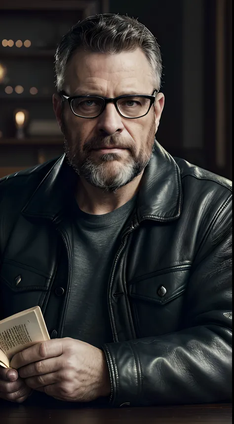 (Edit Photo 9:16 working men sitting in living room, Bearded, Seriously doing his reading, 47 years old, Brown eyes), (Wearing worn and worn winter shirts, Wearing an old worn black leather jacket, Wearing glasses, Detailed:1.3), (Highly detailed face:1.4)...