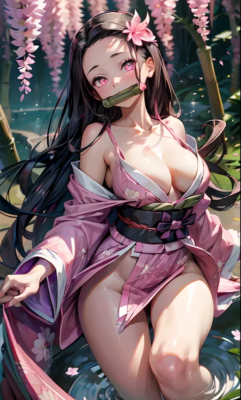 masterpiece, (pink kimono), seductive face, good lighting, décolleté, fine details, masterpiece, glowing eyes, 1girl, black hair, gag, bamboo, Nezuko Kamado, wisteria background, masterpiece, best quality, POV, whole body, wide hips, Nsfw, skir ligt, upski...