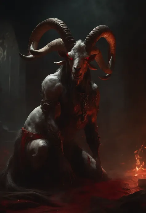 a goat-headed demon with large horns, strong and strong upper body, demon skins, skins, ((claws, wings)), demonic armor, blood splatters, skulls on the ground, standing in a blood ritual, medieval, dark room, dim light, masterpiece, realistic, oil painting